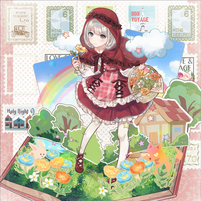 1girl :t basket blush bow_legwear capelet clouds cosplay dog flower flower_basket frilled_skirt frills grass grey_hair highres holding holding_basket holding_flower hood hoodie house idolmaster idolmaster_shiny_colors layered_skirt little_red_riding_hood little_red_riding_hood_(grimm) little_red_riding_hood_(grimm)_(cosplay) looking_at_object mary_janes mokutooo pantyhose patterned_clothing polka_dot polka_dot_background pop-up_book postage_stamp rabbit rainbow red_capelet red_hoodie red_skirt serizawa_asahi shoes short_hair skirt solo star_(symbol) tree white_legwear