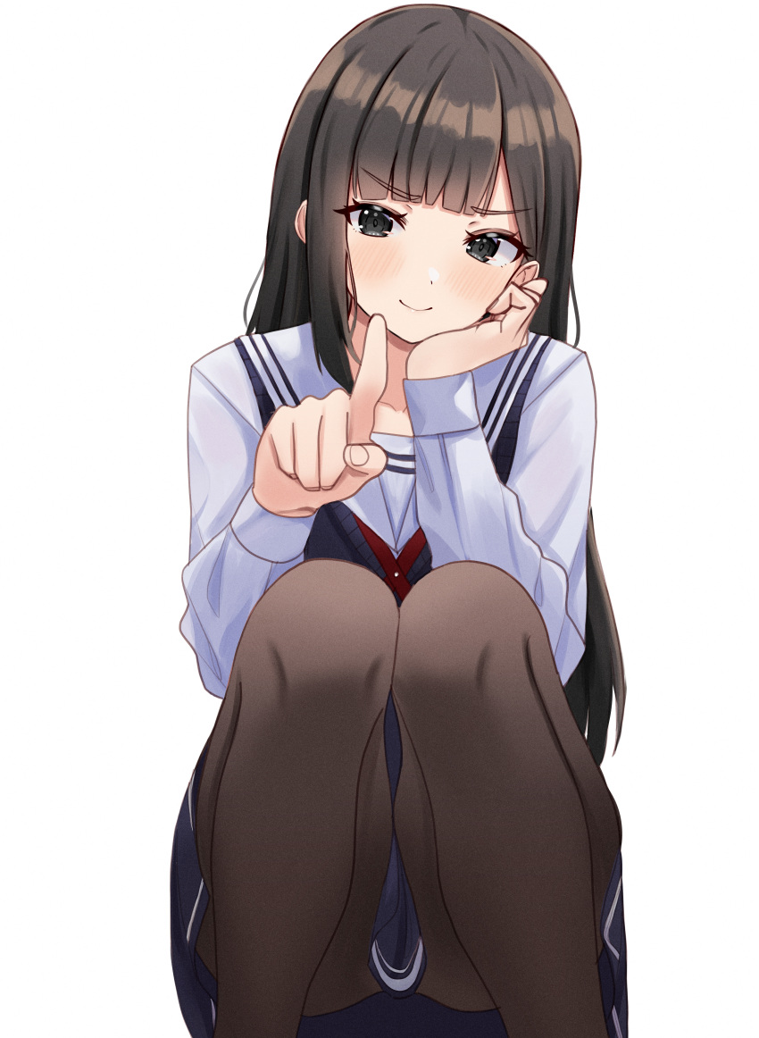 1girl absurdres bangs black_eyes black_skirt blunt_bangs blush brown_hair brown_legwear closed_mouth eyebrows_visible_through_hair feet_out_of_frame hand_on_own_cheek hand_on_own_face highres index_finger_raised kano_(wi3028) long_hair long_sleeves looking_at_viewer miniskirt original pantyhose sailor_collar school_uniform serafuku shirt simple_background skirt smile solo squatting sweater_vest v-shaped_eyebrows white_background white_sailor_collar white_shirt