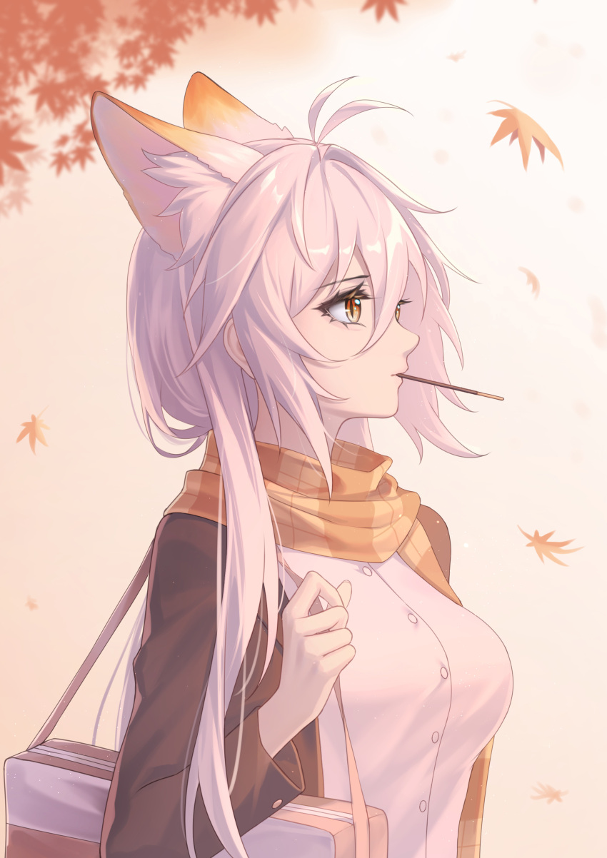 1girl absurdres animal_ear_fluff animal_ears antenna_hair bag breasts extra_ears eyebrows_visible_through_hair food food_in_mouth fox_ears fox_girl hair_intakes highres jacket kirby_d_a large_breasts leaf leaves_in_wind long_hair looking_to_the_side pocky satchel scarf slit_pupils solo white_hair yellow_eyes