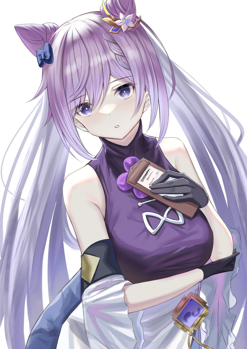 1girl bangs bare_shoulders black_bow black_gloves bow braid breasts commentary_request eyebrows_visible_through_hair genshin_impact gloves hair_between_eyes hair_bow hair_cones hand_up highres keqing_(genshin_impact) long_hair medium_breasts natsuki_(natukituki) parted_lips purple_hair purple_shirt shirt simple_background sleeveless sleeveless_shirt solo very_long_hair violet_eyes white_background