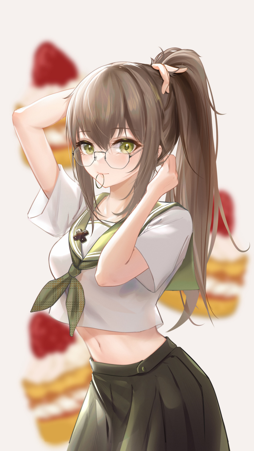 1girl absurdres arm_up bangs blurry blurry_background brown_hair cake chinese_commentary crop_top dated eyebrows_visible_through_hair food glasses green_eyes green_neckwear green_sailor_collar green_skirt hair_between_eyes hair_tie_in_mouth hand_up highres holding holding_hair liu_liaoliao long_hair looking_at_viewer midriff mouth_hold navel neckerchief original pleated_skirt ponytail sailor_collar school_uniform serafuku shirt short_sleeves sidelocks signature skirt solo tying_hair white_shirt
