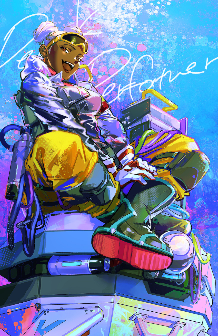 1girl apex_legends black_footwear boots breasts brown_eyes crossed_legs d.o.c._health_drone dark-skinned_female dark_skin double_bun drone gloves goggles goggles_on_head grey_jacket hair_behind_ear hands_on_own_leg highres jacket lifeline_(apex_legends) looking_to_the_side medium_breasts open_mouth peak_performer_lifeline sitting smile solo thundergotch white_gloves