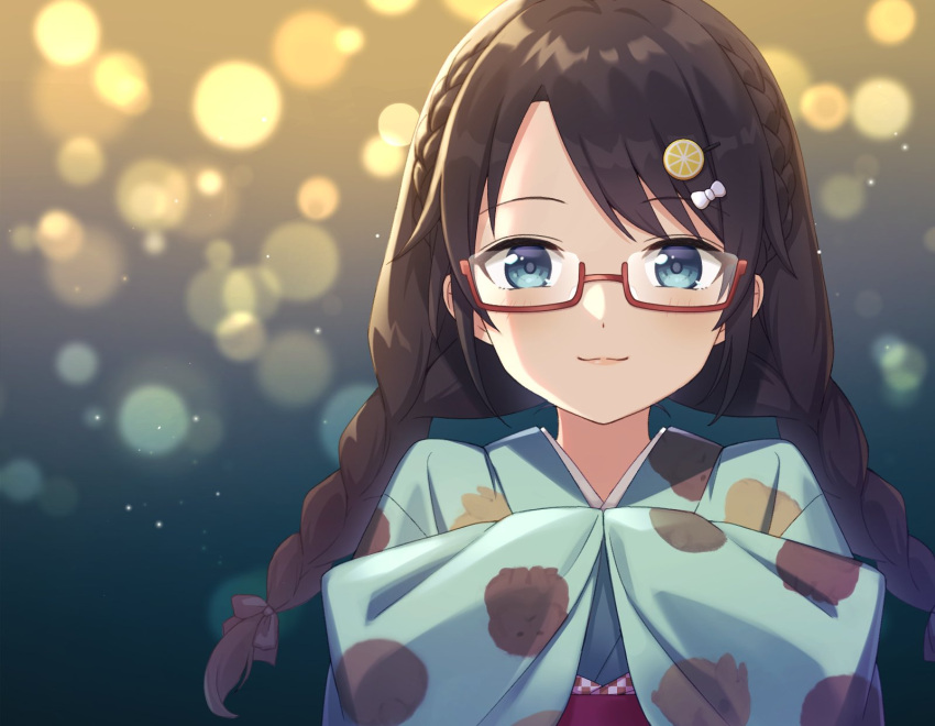 1girl black_hair blue_eyes braid food-themed_hair_ornament glasses hair_ornament highres idolmaster idolmaster_shiny_colors japanese_clothes kimono lemon_hair_ornament mitsumine_yuika saka_nanato smile solo twin_braids yukata