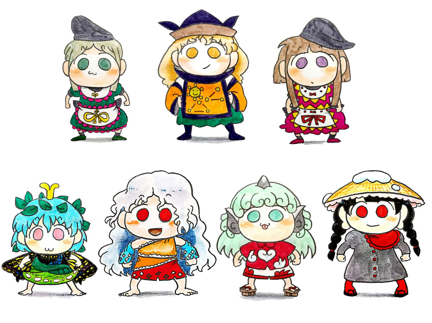 6+girls apron bangs blonde_hair boots bow brown_hair cape chibi closed_mouth detached_sleeves dress eternity_larva eyebrows_visible_through_hair green_hair hair_between_eyes hat hidden_star_in_four_seasons highres komano_aunn long_hair long_sleeves looking_at_viewer matara_okina multiple_girls nishida_satono puffy_short_sleeves puffy_sleeves sakata_nemuno short_hair short_hair_with_long_locks short_sleeves simple_background skirt smile standing taeshiru teireida_mai touhou white_apron white_background wide_sleeves yatadera_narumi yellow_bow yellow_eyes