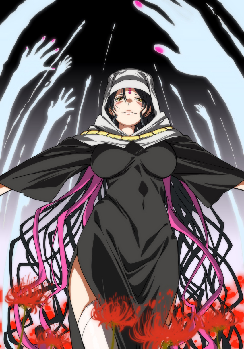 1girl black_hair breasts facial_mark fate/extra fate/extra_ccc fate/grand_order fate_(series) flower forehead_mark habit highres jewelry long_hair looking_at_viewer multicolored_hair necklace nun outstretched_arms pink_hair red_flower sesshouin_kiara smirk solo spread_arms standing thigh-highs veil white_legwear wide_sleeves yellow_eyes yuukami_(wittsu)