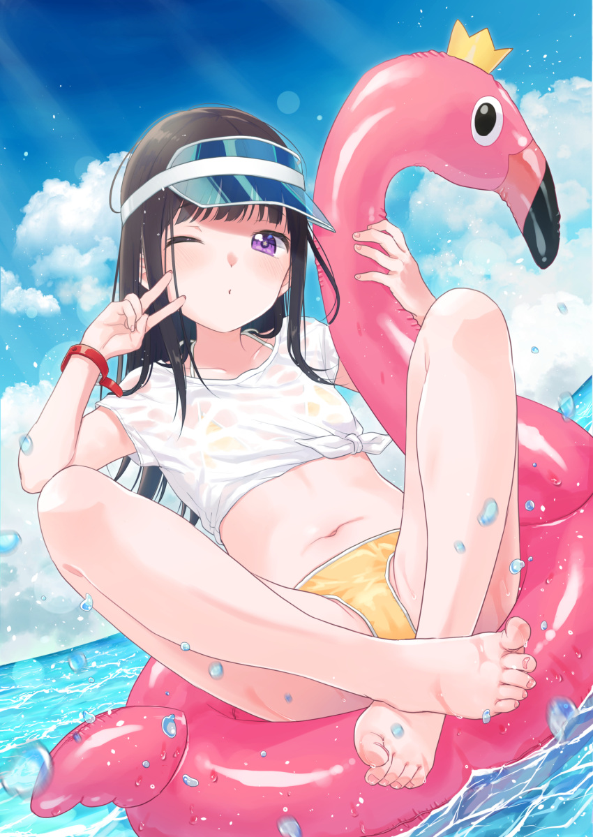 1girl barefoot bikini black_hair blue_sky blush bracelet clouds crossed_ankles day feet flat_chest full_body highres innertube jewelry looking_at_viewer navel one_eye_closed original outdoors see-through shirt short_sleeves sky solo star-shaped_pupils star_(symbol) sunlight swimsuit symbol-shaped_pupils toes v violet_eyes water water_drop wet wet_clothes white_shirt yellow_bikini yukiu_con