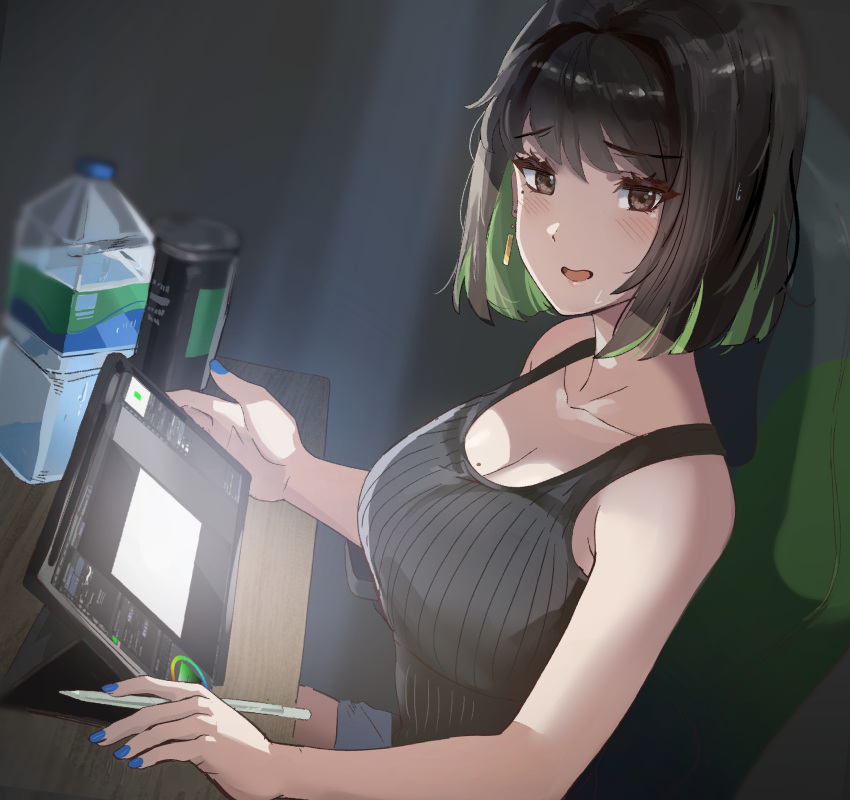 1girl absurdres bangs black_hair blue_nails bottle breasts brown_hair can canned_coffee desk drawing_tablet green_hair highres holding holding_pen large_breasts looking_at_viewer miru_(ormille) mole mole_on_breast multicolored_hair nail_polish ormille pen short_hair sitting solo tank_top two-tone_hair water_bottle