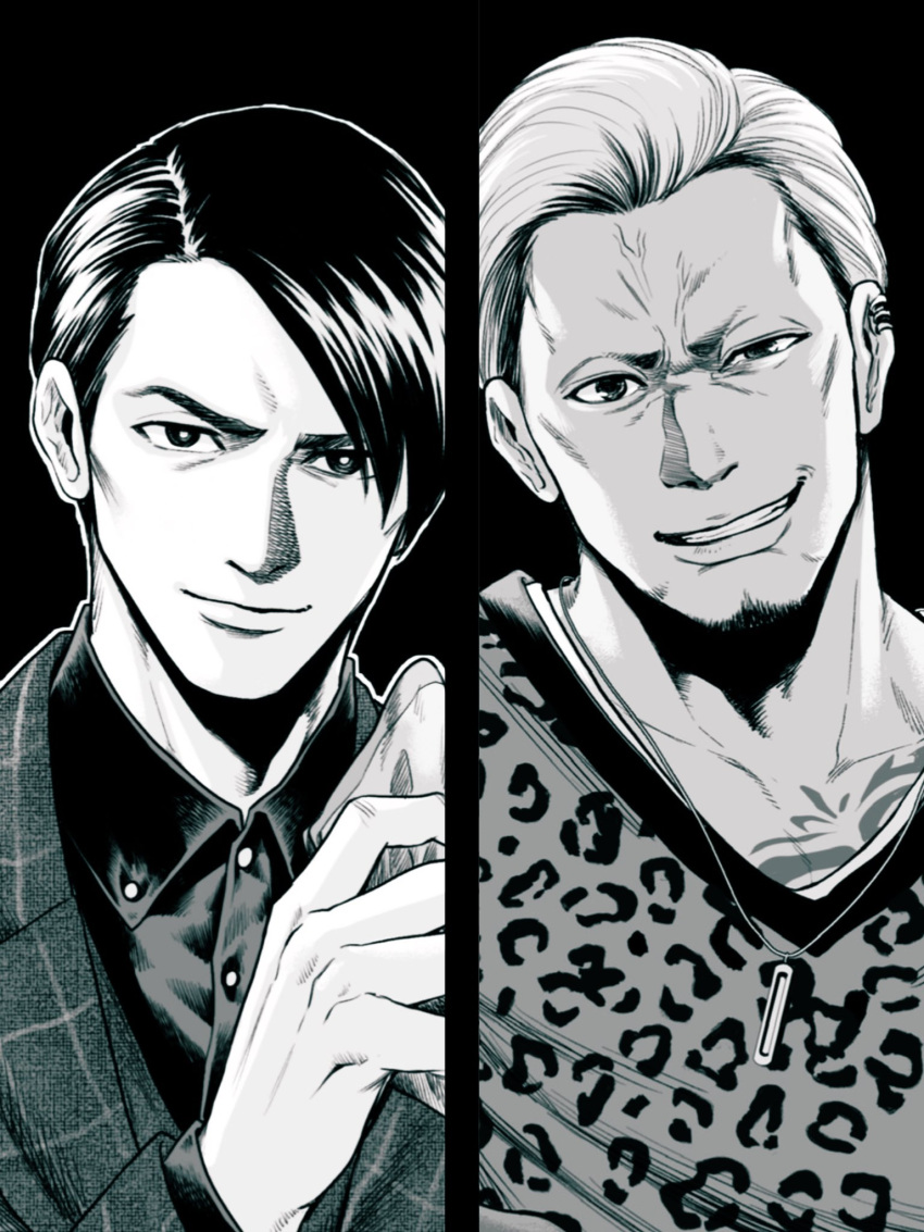 2boys akutsu_daimu anger_vein animal_print bangs closed_mouth collared_shirt czduf_(mutton) dress_shirt earrings facial_hair goatee greyscale grin hand_up handkerchief highres holding_handkerchief jacket jewelry leopard_print looking_at_viewer lost_judgment male_focus monochrome multiple_boys necklace shirt short_hair simple_background single_earring smile souma_kazuki split_screen swept_bangs
