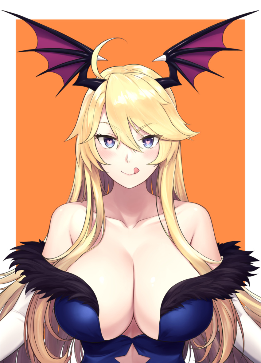 1girl alternate_costume blonde_hair blue_eyes breasts collarbone demon_wings halloween head_wings heart heart-shaped_pupils highres iowa_(kancolle) kantai_collection large_breasts licking_lips long_hair looking_at_viewer odachu smile solo symbol-shaped_pupils tongue tongue_out wings