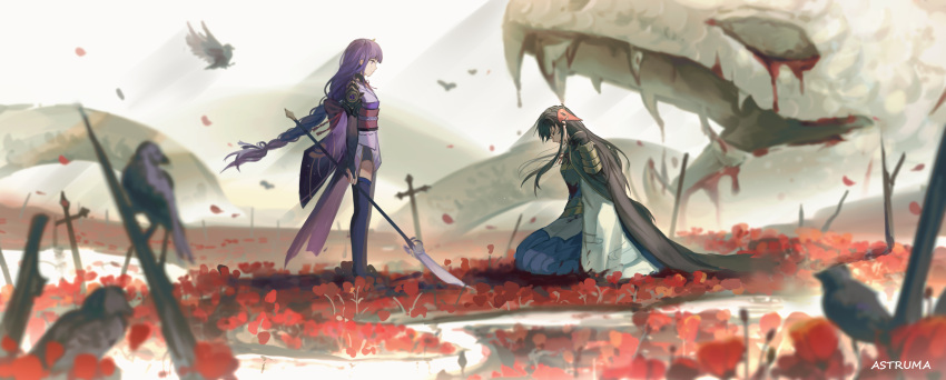 1boy 1girl absurdres armor astruma2 bangs bird bird_mask black_hair black_legwear blunt_bangs blurry braid braided_ponytail cape commentary crow crying crying_with_eyes_open death depth_of_field english_commentary eyebrows_visible_through_hair field flower flower_field from_side full_body genshin_impact hair_between_eyes highres holding holding_polearm holding_weapon injury japanese_armor japanese_clothes long_hair long_sleeves looking_at_another low_ponytail mask mask_on_head naginata obi petals polearm purple_hair raiden_shogun sasayuri_(genshin_impact) sash seiza sidelocks single_braid sitting skull snake standing tears violet_eyes weapon wide_sleeves wind