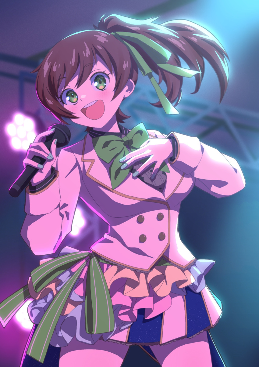 1girl :d blue_nails bow brown_hair buttons collared_dress dress green_bow green_eyes high_ponytail highres holding holding_microphone idol lace lights looking_at_viewer medium_hair microphone nail_polish open_mouth ponytail ribbon smile solo somasoutaro standing suit_jacket teeth tied_hair uniform upper_teeth yuzuriha_maimai zombie_land_saga