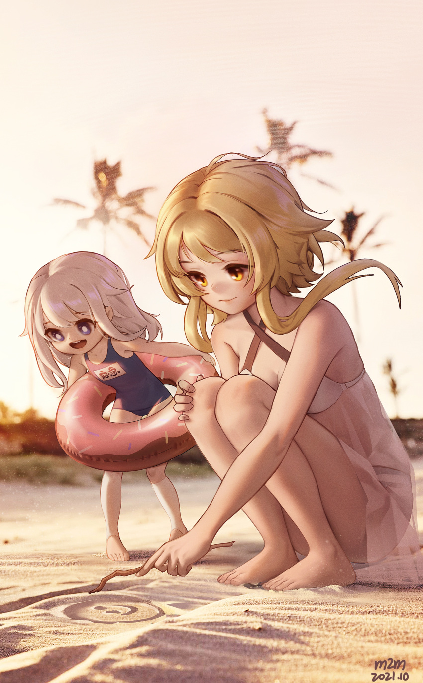 2girls :d absurdres asymmetrical_legwear bangs bare_arms bare_legs beach bikini blonde_hair blue_eyes blue_swimsuit breasts closed_mouth commentary criss-cross_halter dated day english_commentary eyebrows_visible_through_hair flat_chest full_body genshin_impact halterneck hand_on_own_knee highres holding holding_innertube holding_stick innertube kneehighs leaning_forward long_hair lumine_(genshin_impact) multiple_girls name_tag one-piece_swimsuit open_mouth outdoors paimon_(genshin_impact) round_teeth sand sand_writing see-through sidelocks signature single_kneehigh smile smiley_face squatting standing starsd stick stirrup_legwear swimsuit teeth toeless_legwear uneven_legwear upper_teeth white_bikini white_hair white_legwear yellow_eyes