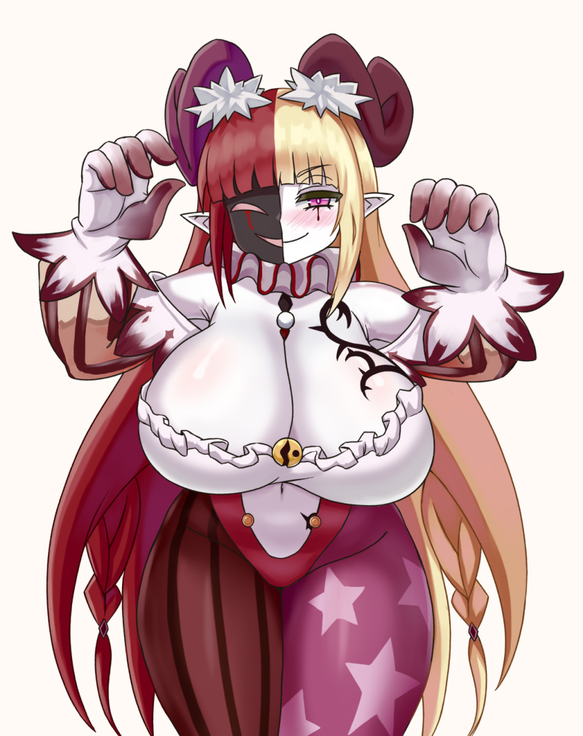1girl asymmetrical_legwear bangs blonde_hair blunt_bangs blush bogie_(monster_girl_encyclopedia) braid breasts brown_hair colored_skin commentary curvy eyebrows_visible_through_hair highres horns huge_breasts jester long_hair looking_at_viewer monster_girl_encyclopedia multicolored_hair nav navel neck_ruff oversized_forearms oversized_limbs pantyhose pink_eyes pointy_ears print_legwear simple_background solo star_(symbol) star_print striped striped_legwear tattoo two-tone_hair vertical-striped_legwear vertical_stripes very_long_hair white_background white_skin