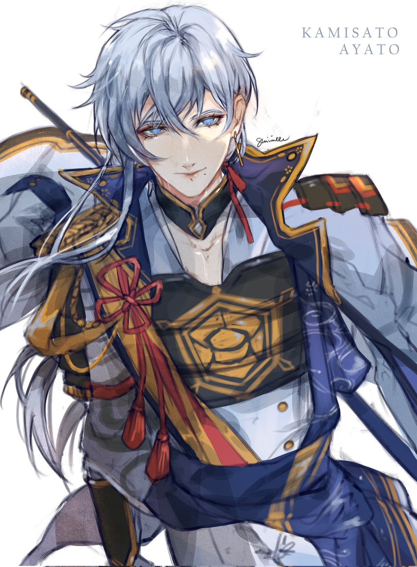 1boy blue_eyes genshin_impact grey_hair highres japanese_clothes kamisato_ayato knot light_smile long_hair long_sleeves looking_at_viewer male_focus mole mole_under_mouth shivaille sidelocks tassel upper_body white_hair