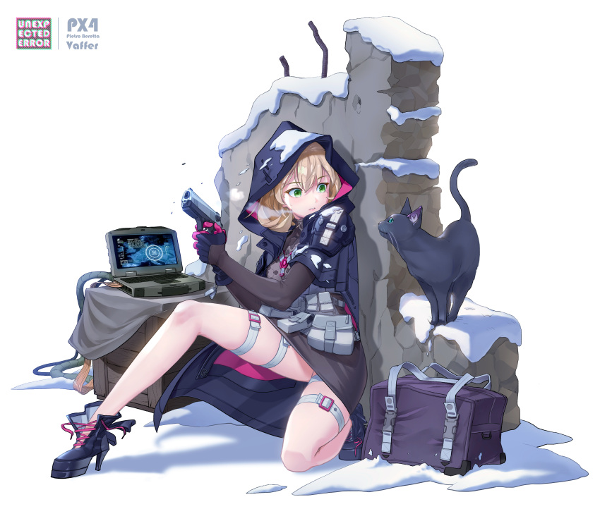 1girl absurdres artist_name bag bangs beretta_px4 black_cat blonde_hair breath cat character_name commentary computer crate dress eyebrows_visible_through_hair full_body girls_frontline gloves green_eyes gun hair_between_eyes handgun hiding high_heels highres holding holding_gun holding_weapon hood hood_up hooded_coat kneeling laptop legs load_bearing_equipment mole mole_under_eye pouch px4_storm_(girls'_frontline) rubble shoes short_dress short_hair shoulder_pads snow snow_on_head solo sweatdrop thigh_strap vaffer wall weapon