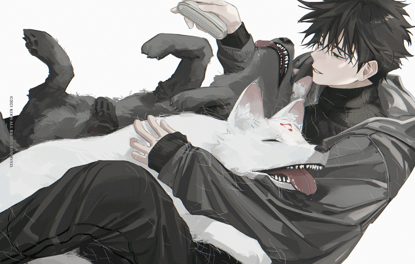 1boy animal bangs black_dog black_hair black_jacket black_pants black_shirt closed_eyes comb dog feet_out_of_frame fushiguro_megumi green_eyes holding holding_comb jacket jujutsu_kaisen k00s looking_away male_focus pants parted_lips shirt short_hair simple_background sitting sleeves_past_wrists smile solo spiky_hair tongue tongue_out turtleneck white_background white_dog