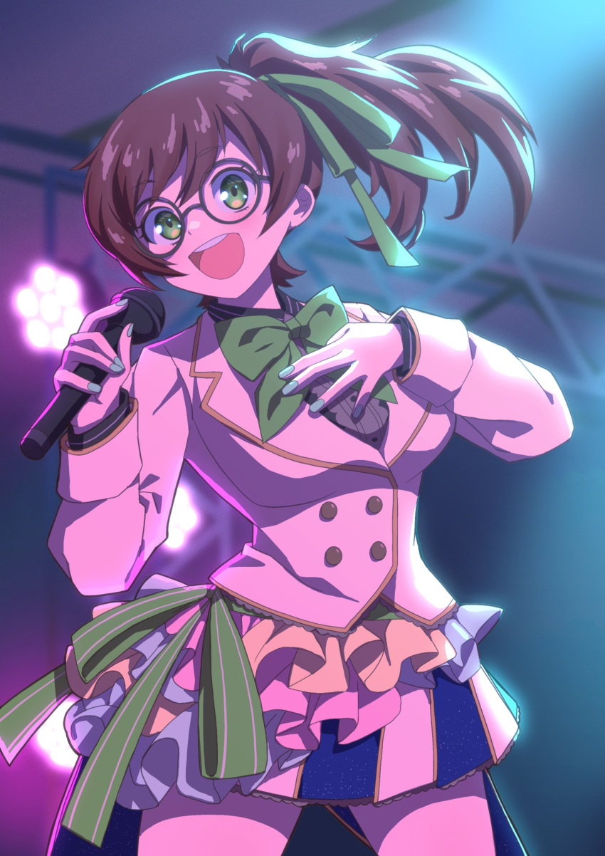 1girl :d blue_nails bow brown_hair buttons collared_dress dress glasses green_bow green_eyes high_ponytail highres holding holding_microphone idol lace lights looking_at_viewer medium_hair microphone nail_polish open_mouth ponytail ribbon round_eyewear smile solo somasoutaro standing suit_jacket teeth tied_hair uniform upper_teeth yuzuriha_maimai zombie_land_saga