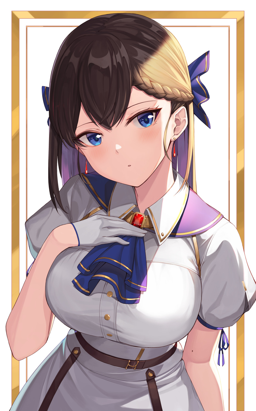 1girl absurdres ascot bangs blue_eyes blue_neckwear blue_ribbon braid breasts brown_hair btraphen collared_dress commentary_request dress english_commentary eyebrows_visible_through_hair gloves hair_ribbon half_gloves hand_on_own_chest hand_up head_tilt highres long_hair looking_at_viewer medium_breasts mole mole_on_arm multicolored_hair original parted_lips puffy_short_sleeves puffy_sleeves purple_hair ribbon short_sleeves solo two-tone_hair white_background white_dress white_gloves