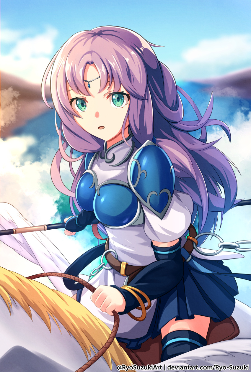 1girl absurdres aqua_eyes armor bangs belt blue_skirt blue_sky breastplate circlet clouds detached_sleeves dress fire_emblem fire_emblem:_the_blazing_blade florina_(fire_emblem) highres holding holding_polearm holding_weapon light_purple_hair long_hair looking_at_viewer open_mouth parted_bangs pegasus pegasus_knight_uniform_(fire_emblem) pleated_skirt polearm ryo-suzuki saddle shoulder_armor skirt sky solo twitter_username weapon white_dress