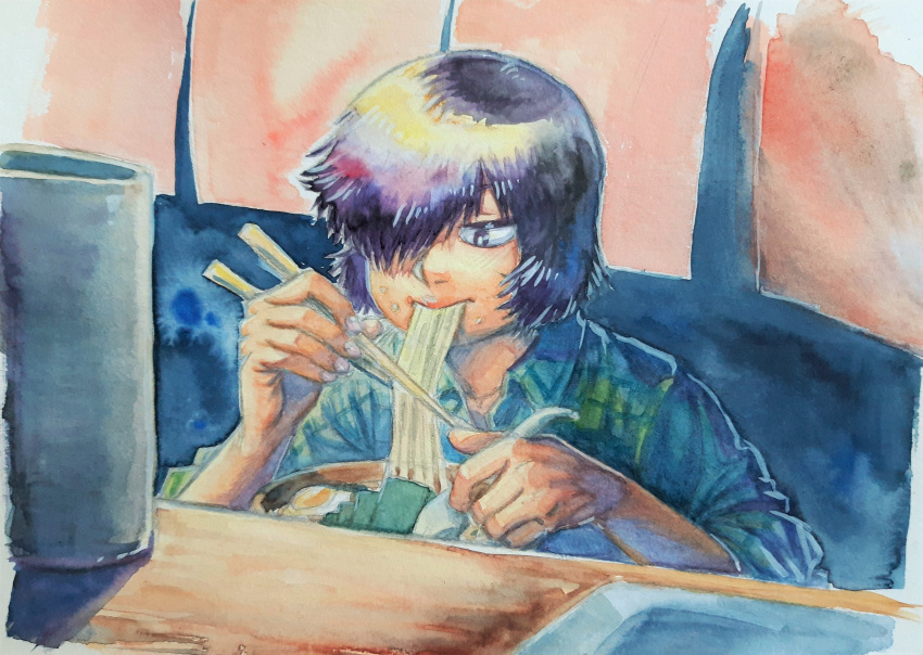 1girl absurdres black_eyes chopsticks eating food green_shirt hair_over_one_eye highres indoors luxmegist nazo_no_kanojo_x noodles plaid plaid_shirt ramen shirt solo urabe_mikoto