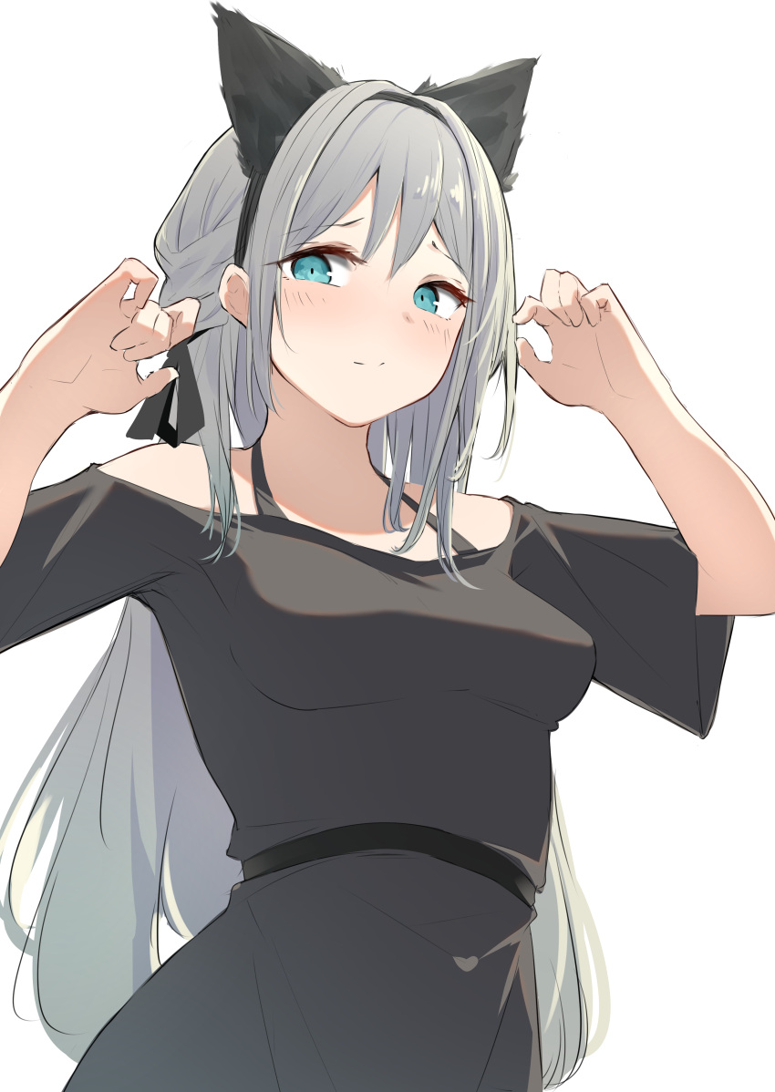 1girl absurdres an-94_(girls'_frontline) animal_ears bangs bare_shoulders black_dress blue_eyes blush breasts cat_ears closed_mouth dress eyebrows_visible_through_hair fake_animal_ears girls_frontline grey_hair hair_ribbon hairband halterneck hands_up highres light_blush long_hair looking_at_viewer medium_breasts off-shoulder_dress off_shoulder oyatsutime ribbon short_sleeves simple_background smile solo upper_body very_long_hair white_background wide_sleeves