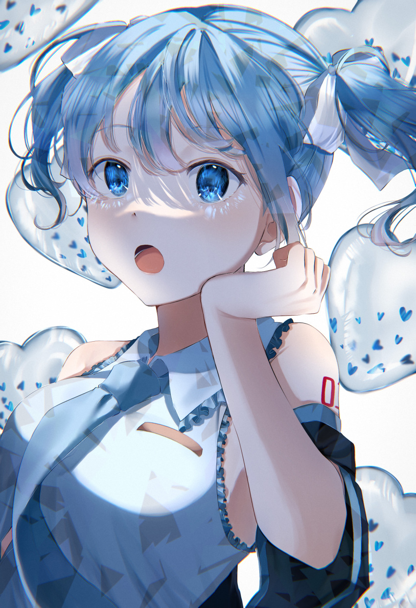 1girl :o absurdres balloon bangs black_sleeves blue_eyes blue_hair collared_dress detached_sleeves dress eyebrows_visible_through_hair floating_hair frilled_dress frills grey_neckwear hair_between_eyes hair_ribbon hatsune_miku heart_balloon highres long_hair necktie open_mouth ribbon sleeveless sleeveless_dress solo twintails upper_body vocaloid white_background white_dress white_ribbon wing_collar yura_458