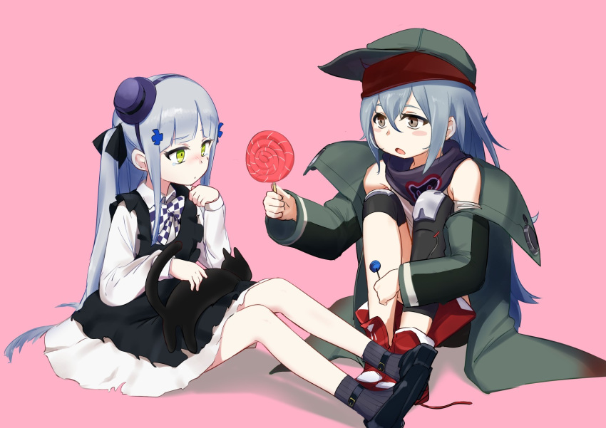 2girls animal_on_lap apron black_apron black_cat blush blush_stickers bow bowtie candy cat cat_on_lap checkered checkered_neckwear collared_shirt commentary_request food frilled_apron frills full_body g11_(girls'_frontline) girls_frontline giving green_eyes green_jacket grey_hair hair_between_eyes hair_ornament hat highres hk416_(girls'_frontline) jacket knee_pads lollipop long_hair mini_hat multiple_girls off_shoulder official_alternate_costume open_mouth pink_background sanderson shirt shoes simple_background sitting socks tears younger