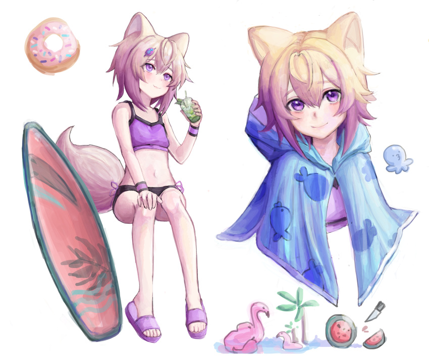 1boy absurdres animal_ears aube bangs bikini blonde_hair crossdressing flip-flops fox_boy fox_ears fox_tail gradient_hair hair_between_eyes highres looking_at_viewer male_focus multicolored_hair multiple_views navel original otoko_no_ko pink_hair sandals simple_background smile solo swimsuit tail violet_eyes white_background