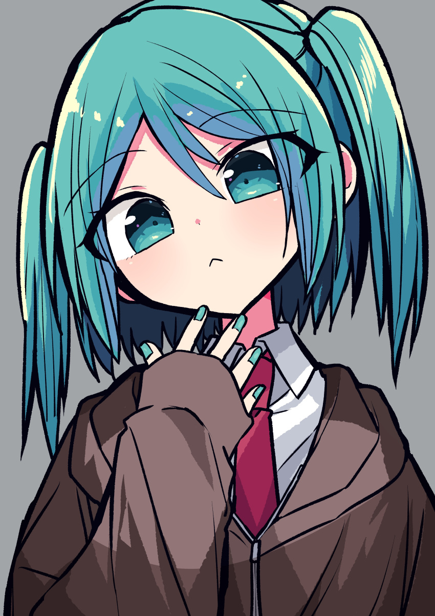 1girl :&lt; absurdres alternate_costume alternate_hair_length alternate_hairstyle aqua_eyes aqua_hair aqua_nails bangs brown_jacket closed_mouth collared_shirt eyebrows_visible_through_hair grey_background hatsune_miku head_tilt highres jacket kasaki_sakura looking_at_viewer necktie red_neckwear shirt short_hair simple_background solo twintails upper_body vocaloid