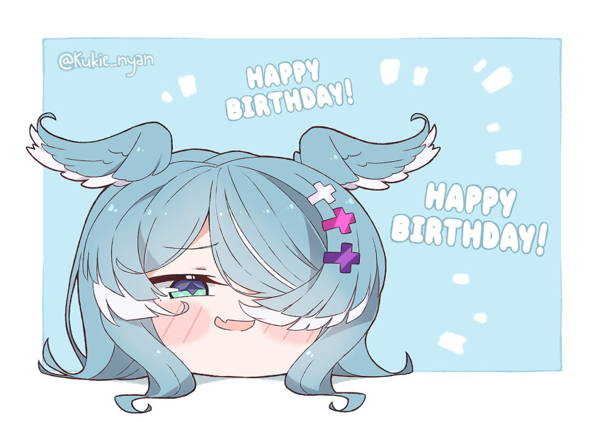 1girl blue_eyes elira_pendora fang hair_over_one_eye happy_birthday head_only head_wings kukie-nyan long_hair nijisanji nijisanji_en one_eye_covered open_mouth skin_fang smile smug solo twitter_username virtual_youtuber yukkuri_shiteitte_ne