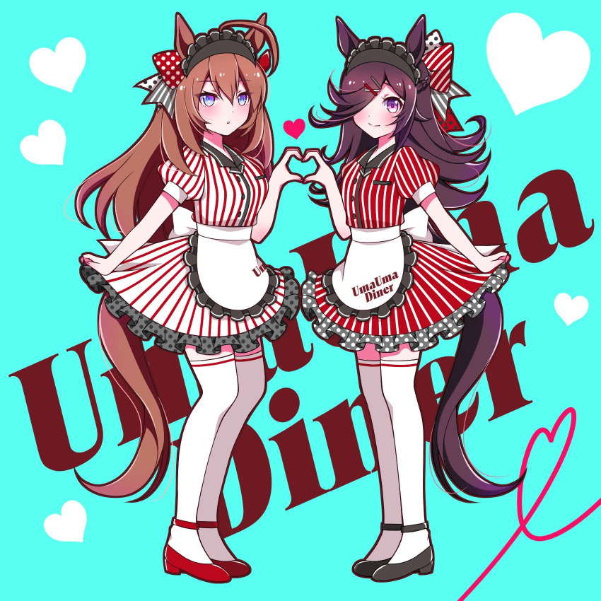 2girls ahoge animal_ears apron bangs blue_background blue_eyes breast_pocket brown_hair buttons clothes_writing collared_dress commentary_request dress english_text frilled_dress frills hair_ornament hair_over_one_eye hairclip heart heart_hands heart_hands_duo highres horse_ears horse_girl horse_tail kuma_no_omimi long_hair looking_at_viewer mihono_bourbon_(umamusume) multiple_girls parted_lips pocket puffy_short_sleeves puffy_sleeves purple_hair rice_shower_(umamusume) short_sleeves skirt_hold smile standing strappy_heels striped tail thigh-highs umamusume vertical-striped_dress vertical_stripes violet_eyes waist_apron waitress white_legwear