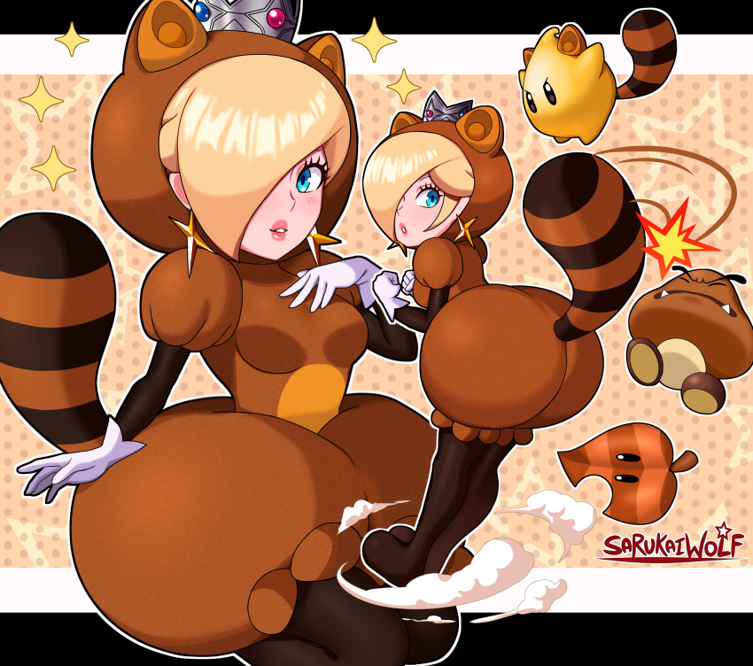 1girl absurdres artist_name ass blue_eyes goomba hair_over_one_eye highres leaning_forward looking_at_viewer luma_(mario) parted_lips raccoon_tail rosalina sarukaiwolf super_mario_3d_world super_mario_bros. tail tail_whip tanuki_suit