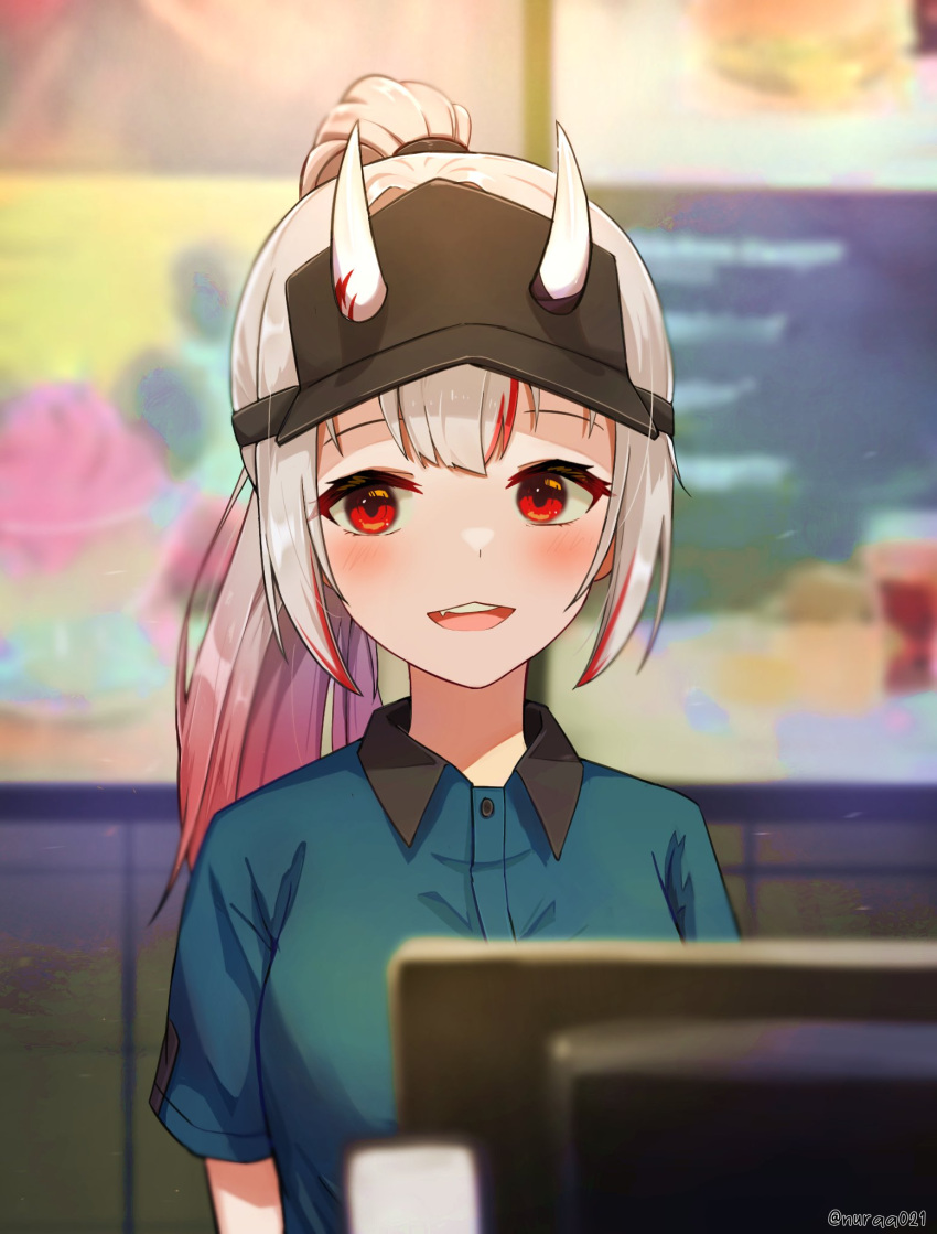 1girl alternate_costume bangs blurry blurry_background hat highres hololive horns iffyru looking_at_viewer nakiri_ayame oni_horns open_mouth ponytail red_eyes smile solo virtual_youtuber