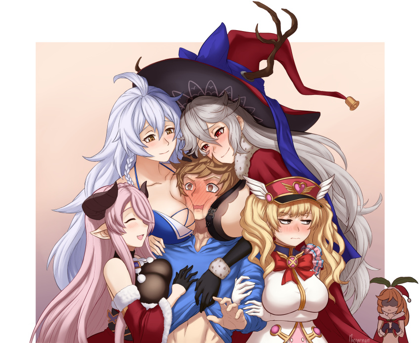 1boy 5girls @_@ ahoge archer_(nocternam) bikini bikini_top black_gloves blonde_hair blush bow braid breast_envy breast_smother breasts brown_eyes brown_hair christmas_dress clarisse_(granblue_fantasy) clothes_lift draph face_to_breasts full-face_blush gloves gran_(granblue_fantasy) granblue_fantasy grey_hair hat highres horns large_breasts magisa_(granblue_fantasy) monika_weisswind multiple_girls narmaya_(granblue_fantasy) pink_hair pointy_ears red_eyes santa_hat shaded_face shirt_lift signature silva_(granblue_fantasy) silver_hair smile swimsuit twintails white_gloves witch_hat