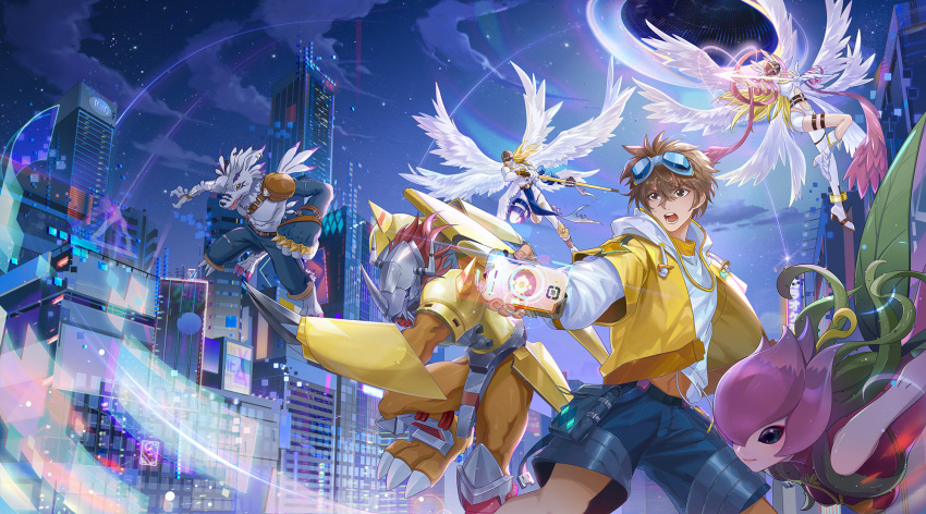 2girls 4boys aiming angel_wings angemon angewomon anklet armor arrow_(projectile) asymmetrical_clothes bangs bare_shoulders belt black_belt blonde_hair blue_shorts bodysuit boots breasts brown_eyes brown_hair building cityscape claws clenched_hand clouds commentary covered_eyes cowboy_shot digimon digimon_(creature) drawstring dress elbow_gloves eyebrows_visible_through_hair fangs feathered_wings floating floating_hair flower full_body furry furry_male gloves goggles goggles_on_head green_eyes hagoromo hair_between_eyes hat helmet high_heel_boots high_heels highres holding holding_arrow holding_staff holy_ring hood hood_down hooded_jacket horns jacket jewelry knee_boots large_breasts leaf_wings lillymon long_hair long_sleeves looking_to_the_side multiple_boys multiple_girls multiple_wings navel night o-ring_belt open_clothes open_jacket open_mouth outdoors pink_dress plant red_eyes redhead shawl shirt short_hair shorts sidelocks single_knee_boot sky skyscraper staff standing star_(sky) starry_sky teeth thigh_strap vines wargreymon weregarurumon white_bodysuit white_footwear white_shirt winged_helmet wings wrist_wings xing_she_(ttat) yellow_armor yellow_jacket zipper