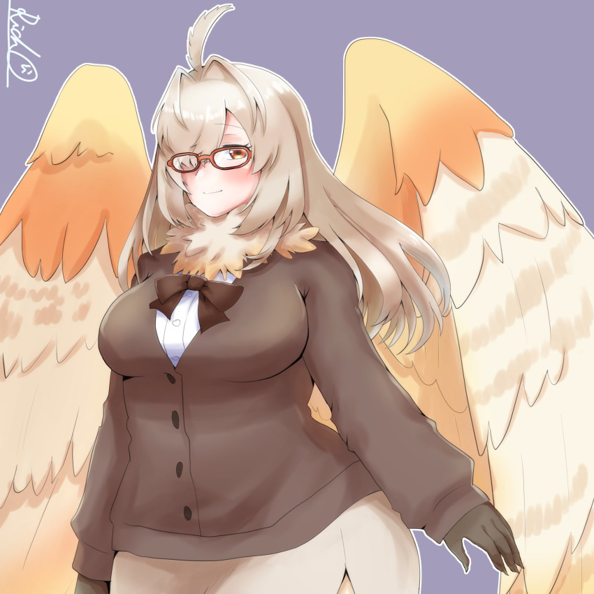 1girl ahoge animal_hands bangs blush bow breasts brown_hair feathered_wings feathers glasses hair_intakes hair_over_one_eye harpy highres large_breasts long_hair monster_girl neck_ruff one_eye_covered purple_background red-framed_eyewear rich940528 simple_background solo tokyo_houkago_summoners white_feathers wide_hips wings ziz_(tokyo_houkago_summoners)