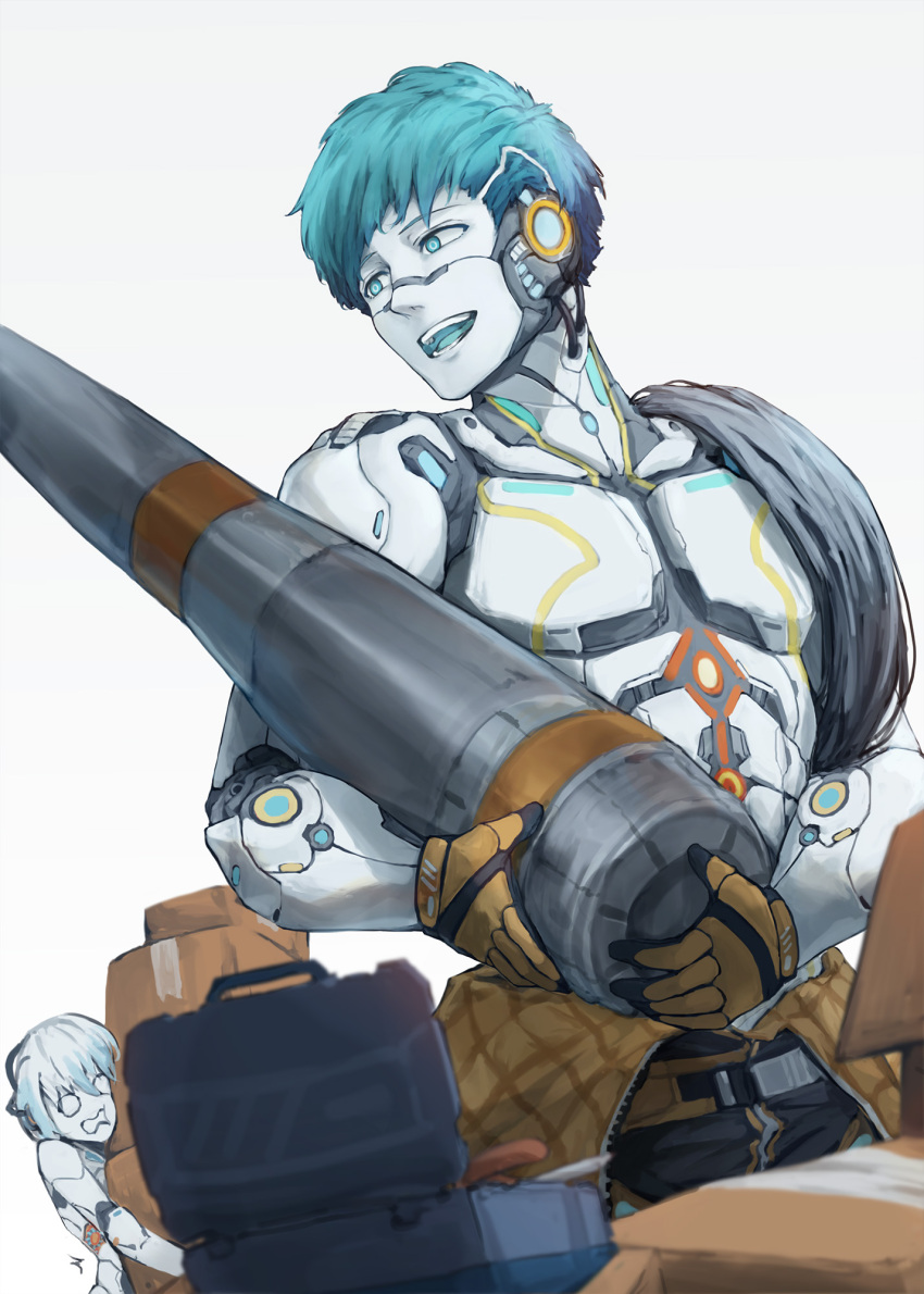 0_0 1boy 1girl android aqua_eyes aqua_hair box cardboard_box highres holding holding_box joints open_mouth original robot_joints taiu toolbox white_background