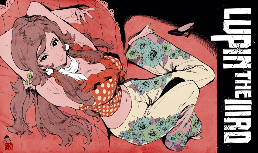 1girl ahn_dongshik armpits arms_behind_back bandana barefoot breasts brown_eyes brown_hair earrings feet floral_print green_nails hair_ornament hairclip high_heels highres jewelry large_breasts long_hair looking_at_viewer lupin_iii mine_fujiko nail navel pants polka_dot polka_dot_shirt shirt sitting sleeveless sleeveless_shirt solo tank_top white_bandana