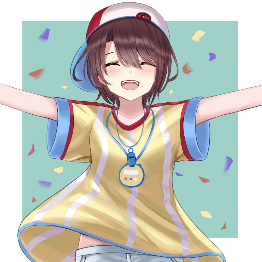 1girl :d ^_^ backwards_hat baseball_cap blush breasts brown_hair brown_shirt closed_eyes commentary confetti facing_viewer green_background hair_over_one_eye hat highres hololive natsuki_(natukituki) oozora_subaru open_mouth outstretched_arms shirt short_sleeves shorts small_breasts smile solo stopwatch striped striped_shirt two-tone_background vertical-striped_shirt vertical_stripes virtual_youtuber watch white_background white_headwear white_shorts wide_sleeves
