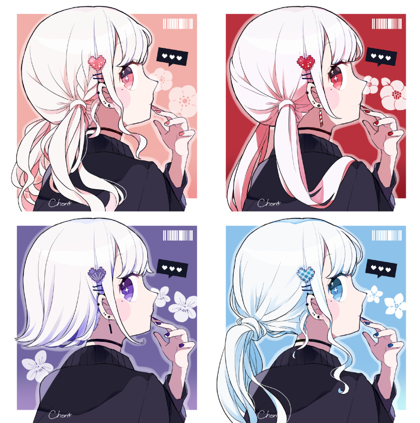 1girl bangs black_sweater blue_eyes blue_nails braid chon_(chon33v) ear_piercing eyebrows_visible_through_hair from_side hair_ornament hairclip hand_up heart heart_hair_ornament highres long_hair long_sleeves looking_at_viewer looking_to_the_side low_twintails multiple_views nail_polish original piercing ponytail profile puffy_long_sleeves puffy_sleeves purple_nails red_eyes red_nails short_hair signature spoken_heart sweater twintails upper_body violet_eyes white_hair