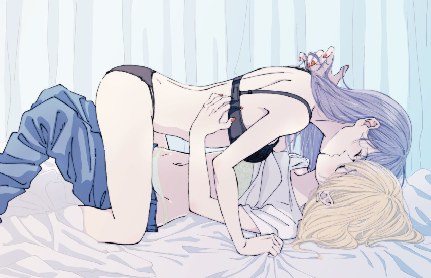 2girls aihara_mei aihara_yuzu all_fours black_bra black_hair black_panties blonde_hair bra citrus_(saburouta) closed_eyes curtains english_commentary eyebrows_visible_through_hair glidesloe green_bra green_panties hand_under_clothes highres incest kiss lying multiple_girls nail_polish navel on_back orange_nails panties sheet_grab underwear yuri