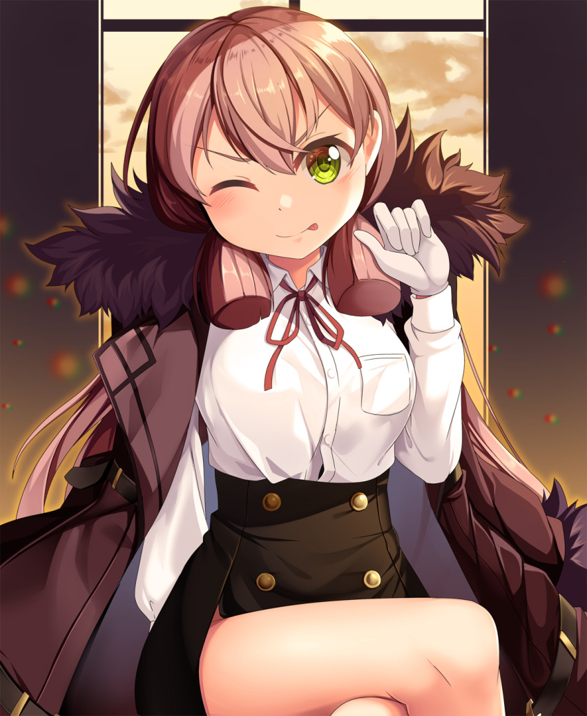 1girl akashi_(kancolle) aru_(blue_archive) aru_(blue_archive)_(cosplay) black_skirt blue_archive brown_coat buckle buttons closed_mouth coat coat_on_shoulders collared_shirt cosplay crossed_legs fur-trimmed_coat fur_trim green_eyes hair_between_eyes hair_ribbon high-waist_skirt highres kantai_collection long_coat long_hair looking_at_viewer neck_ribbon one_eye_closed open_clothes open_coat pencil_skirt pink_hair red_ribbon ribbon shirt shirt_tucked_in skirt smile solo tongue tongue_out tress_ribbon white_shirt yasume_yukito