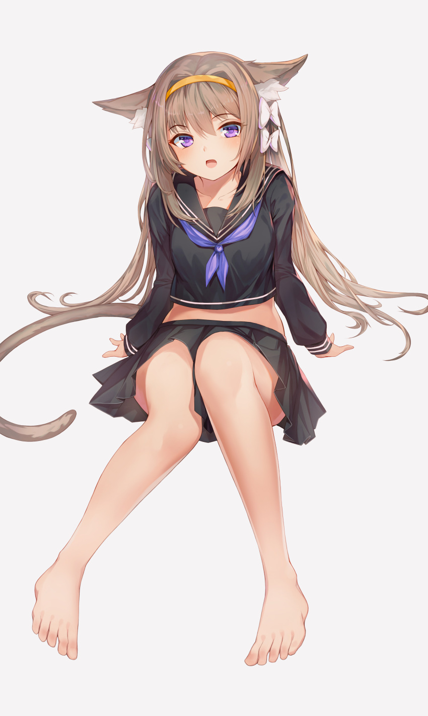 1girl :o absurdres animal_ear_fluff animal_ears arm_support bare_legs barefoot black_sailor_collar black_shirt black_skirt blush bow breasts brown_hair btraphen cat_ears cat_girl cat_tail collarbone commentary crop_top english_commentary feet full_body grey_background hair_bow hair_intakes hairband highres long_hair long_sleeves looking_at_viewer midriff miniskirt neckerchief open_mouth original purple_neckwear sailor_collar school_uniform serafuku shirt sidelocks simple_background sitting skirt solo tail thighs very_long_hair violet_eyes white_bow