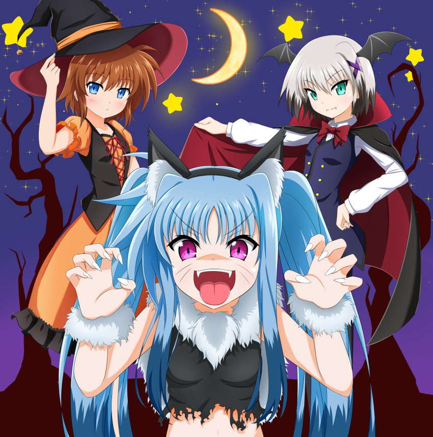 3girls :p animal_ears aqua_eyes bat_wings black_cape black_hair black_headwear black_shirt black_wings blue_eyes blue_hair blue_vest blush bow bowtie brown_hair cape cape_lift cat_ears claw_pose commentary_request crescent_moon dress dress_shirt eyebrows_visible_through_hair facial_mark fake_animal_ears fangs fingernails frilled_dress frills fur_collar fur_cuffs hair_ornament halloween halloween_costume hand_on_hip hat head_wings highres lifted_by_self long_hair long_sleeves looking_at_viewer lyrical_nanoha mahou_shoujo_lyrical_nanoha mahou_shoujo_lyrical_nanoha_a's mahou_shoujo_lyrical_nanoha_a's_portable:_the_battle_of_aces material-d material-l material-s medium_dress moon multicolored_hair multiple_girls night night_sky open_mouth orange_dress oshimaru026 puffy_short_sleeves puffy_sleeves red_cape red_neckwear sharp_fingernails shirt short_hair short_sleeves sidelocks silver_hair sky sleeveless sleeveless_shirt smile standing star_(sky) star_(symbol) starry_sky tongue tongue_out torn_clothes torn_shirt twintails two-sided_cape two-sided_fabric two-tone_hair v-shaped_eyebrows vest violet_eyes whisker_markings white_shirt wings witch_hat x_hair_ornament