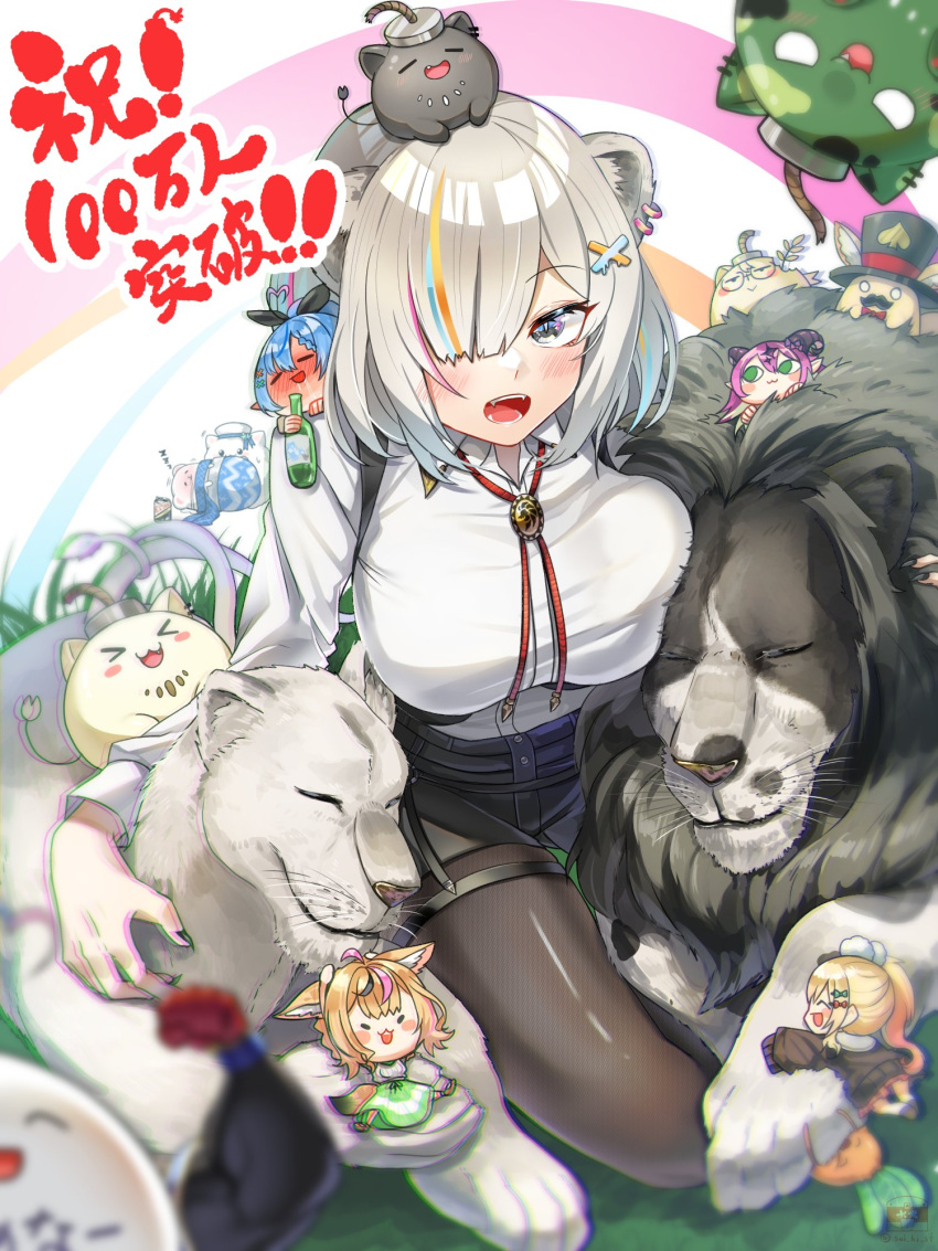 5girls animal_ears black_legwear black_nails black_shorts blush breasts collared_shirt daifuku_(yukihana_lamy) drunk ear_piercing fangs grey_eyes grey_hair hair_ornament hair_over_one_eye hairclip highres hololive large_breasts lion lion_ears lion_girl lioness long_hair long_sleeves mano_aloe momosuzu_nene multicolored_hair multiple_girls nekko_(momosuzu_nene) omaru_polka open_mouth pantyhose piercing shirt shishiro_botan short_hair shorts sitting smile solo_focus ssrb streaked_hair sui_hi_sf virtual_youtuber white_shirt x_hair_ornament yukihana_lamy yukimin_(yukihana_lamy) zzz