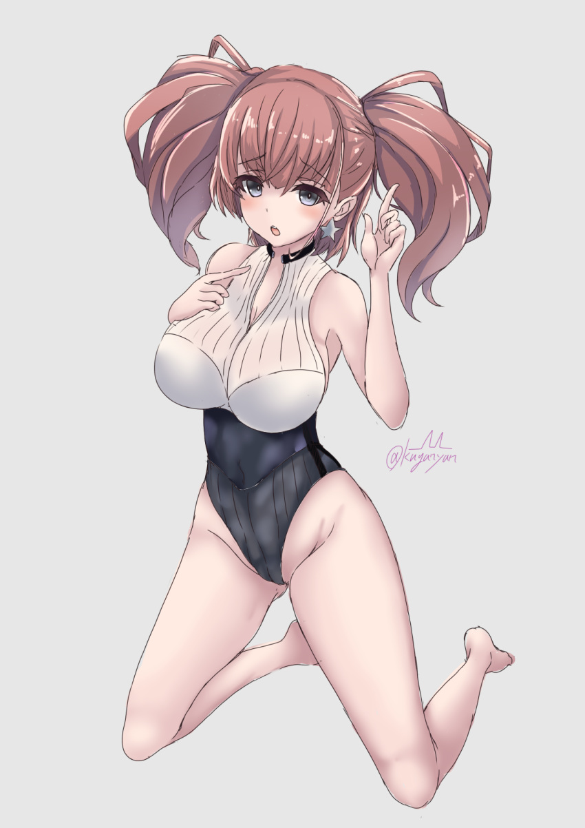 1girl adapted_costume artist_logo atlanta_(kancolle) barefoot breasts brown_hair casual_one-piece_swimsuit commentary_request grey_background grey_eyes groin highres kantai_collection kneeling kuga_zankurou large_breasts long_hair one-piece_swimsuit simple_background solo swimsuit twitter_username two_side_up