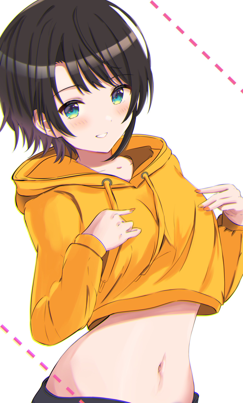 1girl absurdres aqua_eyes bangs black_hair breasts crop_top drawstring eyebrows_visible_through_hair gradient_hair hands_on_own_chest highres hololive hood hood_down hoodie long_sleeves looking_at_viewer medium_breasts midriff mihanada_kasumi multicolored_hair nail_polish navel oozora_subaru orange_hoodie orange_nails parted_lips purple_hair short_hair smile solo stomach upper_body virtual_youtuber