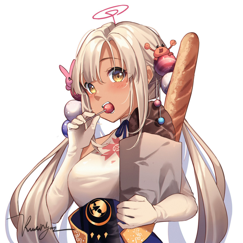 1girl bag baguette bangs blush bread breasts brown_eyes candy commentary elbow_gloves eyebrows_visible_through_hair food food_in_mouth gloves hair_ornament highres holding holding_bag holding_food hololive hololive_english kaniko_(tsukumo_sana) kuri_(animejpholic) large_breasts light_brown_hair limiter_(tsukumo_sana) lollipop long_hair looking_at_viewer open_mouth paper_bag planet_hair_ornament shirt signature simple_background tsukumo_sana upper_body usaslug_(tsukumo_sana) virtual_youtuber white_background white_gloves white_shirt