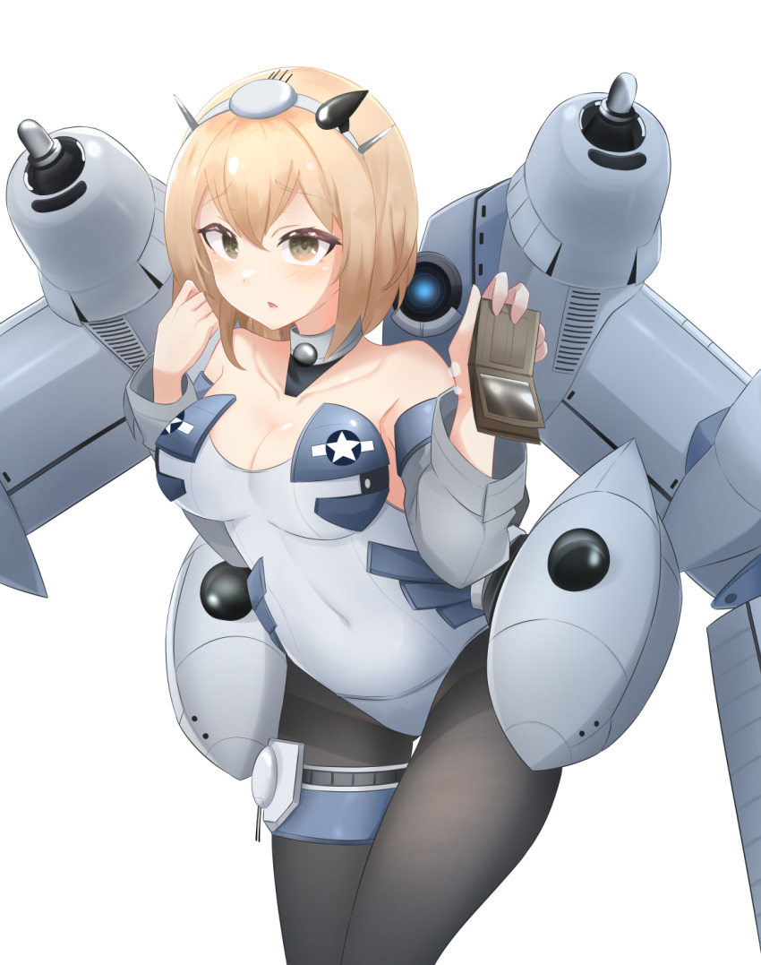 1girl aircraft airplane airplane_wing b-29_superfortress b-29_superfortress_(daebom) blonde_hair brown_eyes daebom grey_shirt highleg highleg_leotard highres leg_garter leotard mecha_musume military military_vehicle original pantyhose shirt wallet white_background