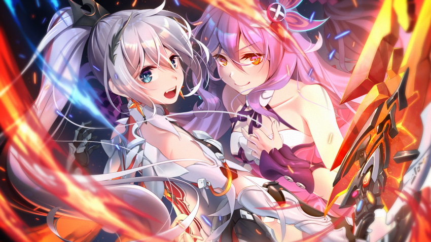 2girls :d armor bangs bare_shoulders closed_mouth dress earrings flaming_sword flaming_weapon gauntlets hair_between_eyes hair_ornament highres holding holding_sword holding_weapon honkai_(series) honkai_impact_3rd jewelry kiana_kaslana kiana_kaslana_(herrscher_of_flamescion) long_hair looking_at_viewer multiple_girls open_mouth ponytail purple_hair ryuji_nogito sirin sleeveless sleeveless_dress smile sword teeth v-shaped_eyebrows weapon yellow_eyes